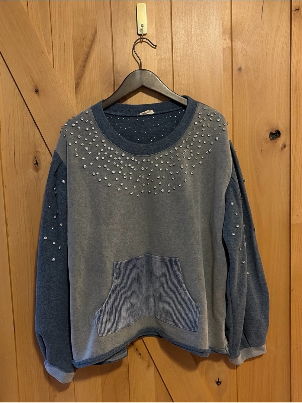 POL Denim Blue Cotton Terry Corduroy Rhinestone Sweatshirt Pouch Top Boho L